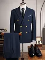 Professional navy blue double-breasted men's suit set with gold buttons and trousers. - S / Top And Bottom / Navy Blue