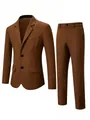 Detail view of a classic brown two-piece men's business suit set with a slim fit cut - S / Top And Bottom / Brown