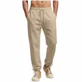 Detailed front view of men's casual khaki sweatpants with adjustable drawstring waist - Khaki