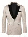 Elegant jacquard pattern blazer with black peak lapel for formal evening parties. - S / Tops / Apricot