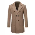 Men's double-breasted wool blend overcoat in camel brown, slim fit casual winter jacket - S / Tops / Coffee Brown