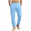 Light blue casual loose-fit straight trousers for men with waist and ankle drawstrings - Light Blue