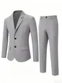 Detailed view of a light grey two-piece formal business suit set for men. - S / Top And Bottom / Gray