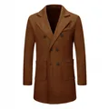 Brown double-breasted men's wool coat with slim fit casual design for autumn winter - S / Tops / Brown