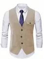 Detailed front view of a khaki herringbone pattern business vest with functional pockets - S / Tops / Khaki