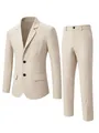 Professional beige two-piece men's business suit set including blazer and trousers. - S / Top And Bottom / Khaki