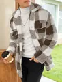 Detailed view of men's brown and white checkered plush mid-length shacket jacket coat - M / Tops / Camel