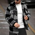 Men's stylish black and grey plaid plush mid-length jacket for autumn and winter. - S / Tops / Dark Gray
