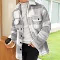 Stylish men's autumn winter grey and white plaid plush long jacket coat with pockets - M / Tops / Light Gray