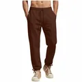 Men's brown drawstring casual pants with adjustable ankle cuffs style. - Brown