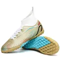 Detailansicht goldener High-Top-Fußballschuhe mit Strickbund und TF-Kunstrasensohle. - 33 / Gold Turf Nocken (X2308-1)