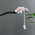 Elegant black wooden hair stick with pink floral design and lavender bead tassel - Pink Double Flower Artificial Pearl Tassel Style (2737) / Pink