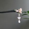 Traditional black sandalwood hair stick featuring pink butterfly and flower tassel - Pink Butterfly Tassel Step-Shake Style (2742) / Black