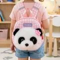 Back view of a child wearing a cute plush panda backpack in pink and white plaid - 25cm / Pink Plaid
