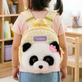 Detailed back view of a cute plush panda backpack for toddlers with yellow checkered straps - 25cm / Yellow Check