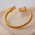 Men's punk gold dragon head open bangle in stainless steel with twisted cable design. - Steel