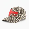 Leopard print baseball cap featuring red embroidered cross design for street hip hop style - Adjustable / Leopard Beige