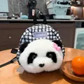 Cute plush panda backpack for kids with checkered pattern on wooden table - 25cm / Black Plaid