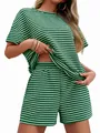 Green and white striped women's casual two-piece set with t-shirt and shorts - Green