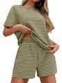 Women's two-piece casual striped lounge set with short sleeve T-shirt and shorts - Army Green