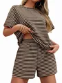 Brown and white striped two-piece loungewear set with short sleeve tee and shorts - Coffee