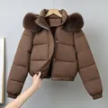 Women's brown short padded parka jacket with large faux fur collar winter coat - M / Tops / Coffee