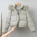 Short grey puffer jacket for women with oversized faux fur hood and padded winter lining - M / Tops / Blue Gray