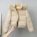 Women's short thick parka jacket with large fur collar and warm fleece lining in beige - M / Tops / Khaki