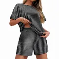 Casual black and white striped two-piece set with short sleeve T-shirt and shorts - Black