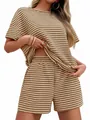 Women's two-piece casual striped set with short sleeve T-shirt and shorts in brown - Khaki