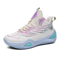 High-top basketball shoes with leather upper in white, blue and purple gradient design. - 35 / Beige