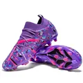 Detail view of purple soccer cleats with colorful patterns and firm ground studs - 35 / Spike Style / Purple Long Studs