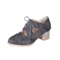 Close-up side view of vintage British style grey block heel lace-up shoes with hollow brogue details - 35 / Gray