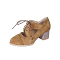 Detailed side view of vintage tan PU brogue block heel shoe with lace-up cutout design - 35 / Yellow