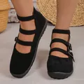Detail shot of black suede Mary Jane flats with triple buckle straps in a retro style - 36 / Black