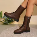 Vintage brown mid-calf lace-up boots for women with convenient side zipper and round toe - 36 / Brown