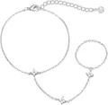 Élégant ensemble de bracelet de main et bague en argent plaqué or 18K avec fleurs zircon - Bracelet-Bague Trèfle / Argent