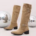 Detail shot of khaki suede knee-high boots featuring stylish side buckle accents and block heel - 35 / Khaki