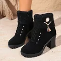 Black chunky heel ankle boots with knitted collar and pearl charm detail - 35 / Black