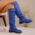 Stylish blue suede over-the-knee slouchy boots with chunky low heel and buckle detail - Blue