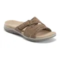 Detailed side view of a brown suede slide sandal with laser-cut floral patterns - 35 / Coffee