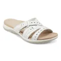 Side view of white women's wedge sandal featuring elegant laser-cut floral patterns - 35 / White