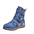 Side view detail of embroidered bohemian denim mid-calf boots with metal buckles - 35 / Blue