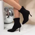 Elegant black suede stiletto ankle boots for women featuring a sleek pointed toe design - 35 / Black