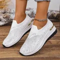 Fashionable white knit wedge sneakers with sparkling rhinestones and thick sole - 40 / White