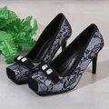 Elegant black lace mesh high-heeled pumps featuring square toe and rhinestone bow detail - 34 / Blue