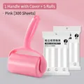 Ergonomic pink lint roller set including five adhesive paper refills for garment care - Pink Handle with Lid + 5 Rolls / 300 Sheets