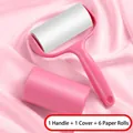 Rouleau anti-peluches rose avec 1 poignée ergonomique, 1 couvercle et 6 recharges de papier - Poignée Rose avec Couvercle + 6 Rouleaux / 360 Feuilles