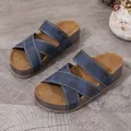 Close-up of women's navy blue wedge sandals with criss-cross straps and white stitching - 36 / Retro Cross Strap Slides (558) / Blue