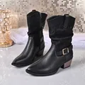 Elegant black mid-calf boots featuring leopard print shaft and chunky heels detail - 36 / Black